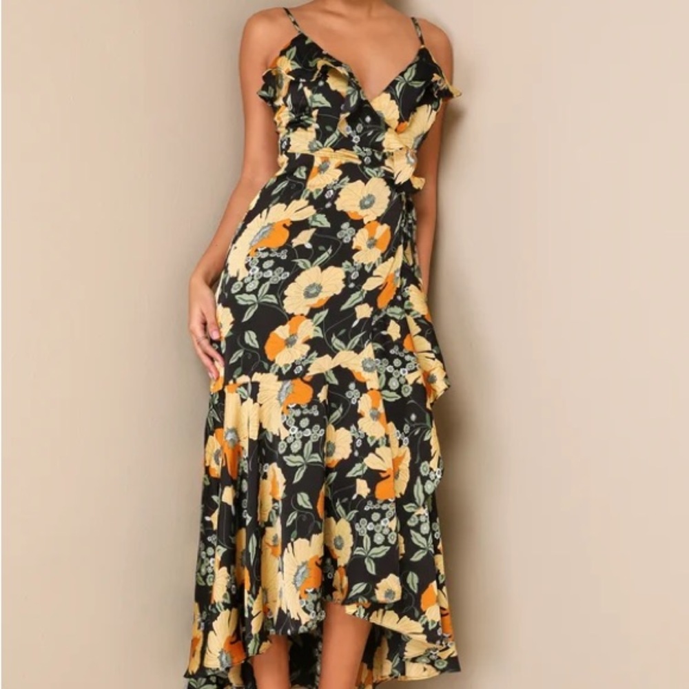 Lulus Perfectly Curated Black Floral Print Ruffled High-Low Wrap Dress / Medium